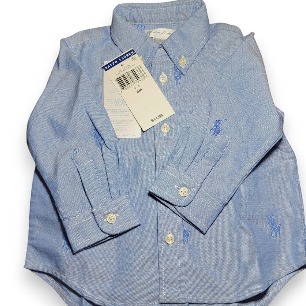Polo Ralph Lauren Chambray Blue Baby Shirt Allover Pony Logo Long Sleeve, 6M NWT - Picture 1 of 14